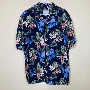 Aurora Hawaiian Shirt Mens Large Floral Button Down Navy Blue Rayon